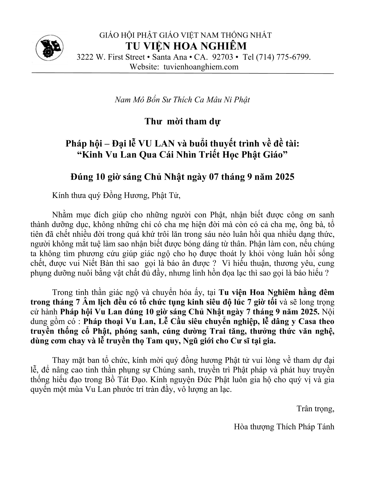 thu moi le Vu Lan
